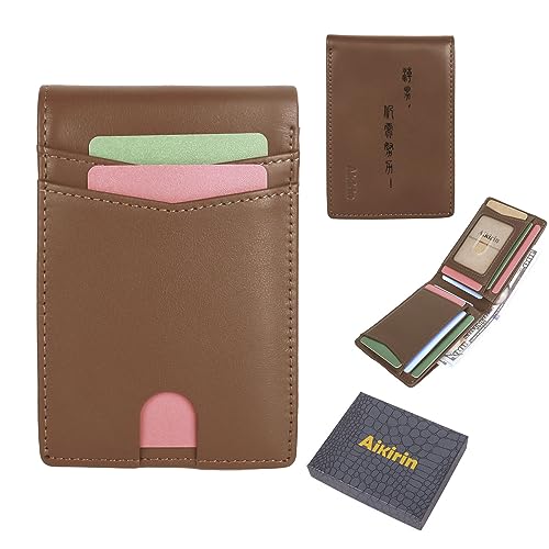 RFID Men Painted Wallet Genuine Leather Bifold Slim Characters Money Clip Minimalist Cards Holder for Male (coffee-Ancient Chinese characters)4