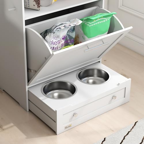 PawHut Haustier-Futterschrank Futterschrank Hund mit Lagerschrank, 2 Edelstahlnäpfen, 3 Haken, Schublade, Futterstation mit offenem Fach, Kipptür, Hundefutterstation für Hunde, 61 x 35,5 x 82 cm Weiß