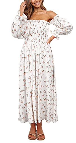 UIMLK Floral Smocked Puff Bell Lantern Sleeve Off The Shoulder Midi Long Ruffle Peasant Flowy Maternity Dress,White,L