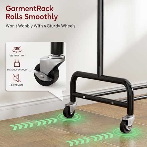 SLEEPING LAMB Double Rod Heavy Duty Clothes Racks for Hanging Clothes Rack, Metal Rolling Garment Rack With Wheels Clothes Hanger Rack Wardrobe Rack for Coats, Shirts (Black)