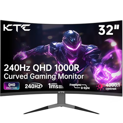 KTC 32Inch 240Hz Curved Gaming Monitor, 1000R VA, QHD(2560x1440p), 4000:1 Contrast, Support FreeSync GSync, HDMI2.0(144hz)/DP1.4(240hz)/Earphone, Tilt, Xbox PS5 Switch, 2K Computer Monitor for Gamer