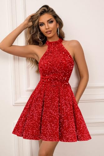 Sequin Homecoming Dresses for Teens 2025 Halter-Neck A-line Sparkly Short Prom Evening Formal Party Ball Gowns3