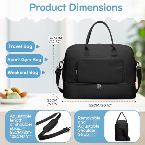 Image of Travel Duffle Bag,Weekender Bags for Women with Shoe Compartment Personal Item Travel Bag Carry on Overnight Bags For Airplanes Gym Duffel Bag with Wet Pocket Hospital Bag for Labor and Delivery Black
