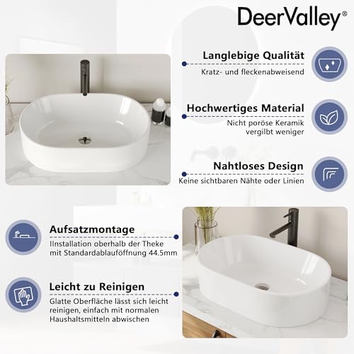 DeerValley Ally Waschbecken Badezimmer, Quadrat Waschbecken Handwaschbecken, Aufsatzwaschbecken 485mm*375mm (Weiß 560mm*360mm)