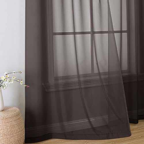 Image of Simplebrand Chocolate Sheer Curtains 96 Inches Long, Light Filtering Rod Pocket Solid Color Window Sheer Curtain Panels, Elegant Curtains & Drapes for Living Room, Bedroom 2 Panels, 42 inch W x 96 inch L