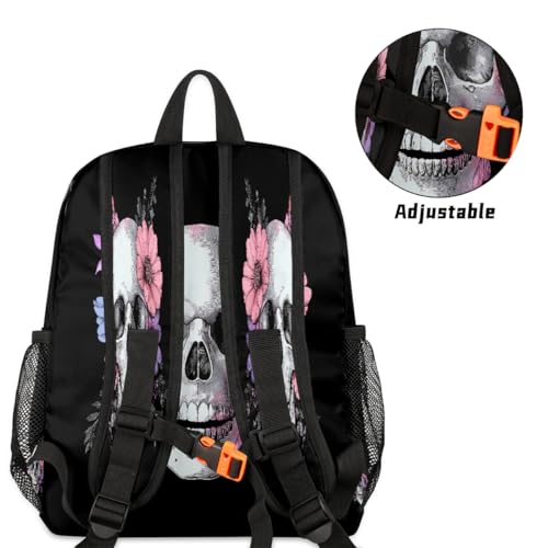 Retro Skull Flowers Kids Backpack for Boys Girls, Waterproof Lightweight Toddler School Bag with Chest Strap, Small Travel Book Bag Preschool Kindergarten Backpack4
