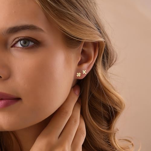 Ritach Initial Stud Earrings for Girls Women - 2 Pairs S925 Sterling Silver Post Lucky Clover Stud Earrings Hypoallergenic Gold Earrings Set Cartilage Initial Earrings for Girls Kids Teen Girl Gifts3