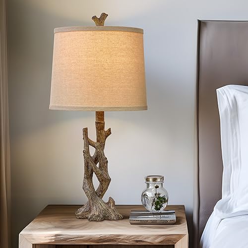 OYEARS 23" Rustic Farmhouse Table Lamp Country Cottage Lamps for Nightstand Tree Trunk Wood Grain Lamp for Bedroom Living Room with Oatmeal Fabric Round Shade Resin Bedside Lamp - Image 5