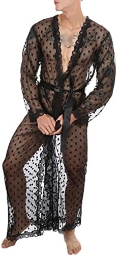 Men Long Sleeve Lace Bathrobes Nightwear Mesh Fishnet Kimono Robes G-String Thong Sleepwear Pajama Set (Black,XX-Large)