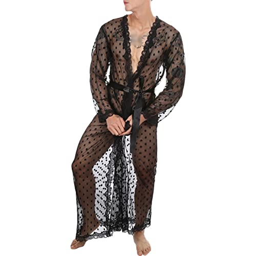 Mens Lace Sheer Night-Robe Lingerie Short Sleeve Cardigan Bathrobe Nightgown Sissy Nightwear with T-Back Belt