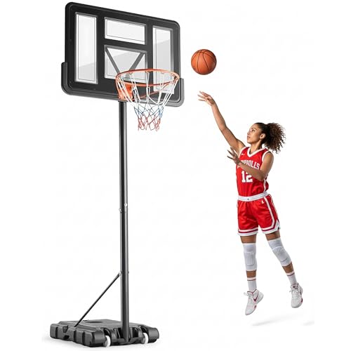 HealSmart Basketball Hoop Outdoor 4.2-10FT Adjustable Height for All Ages/Family Basketball Goal System, 44inch Shatterproof Backboard/Shock Absorbent Rim/Fillable Base, Portable for Backyard/Driveway