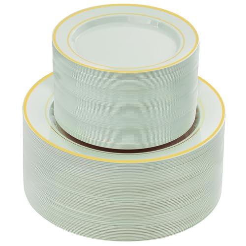 NOCCUR 200PCS Sage Green Plastic Plates for 100 Guests - Include 100PCS 10 Dinner/ 100PCS 7 Dessert Plastic Plates Heavy Duty - Ideal for Wedding&Party
