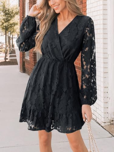 Image of CUPSHE Women Elegant V Neck Lace Peasant Sleeve Mini Summer Dress Elastic High Waist A Line Casual Wedding Guest Dress