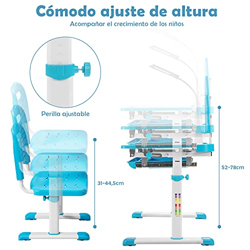 COSTWAY Set Escritorio y Silla para Niños +6 Años, Pupitres Infantil Altura Ajustable y Reclinable, Escritorio Infantil con Luz LED, Atril para Libros, Portalápices, 64X49X52-79cm Azul - imagen 3