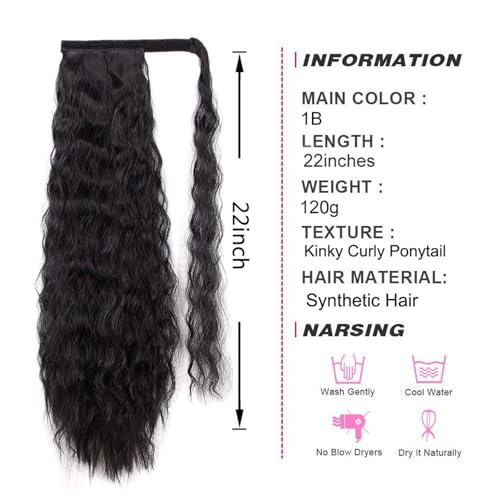 Stamped Glorious Long Corn Wave Ponytail Extension Magic Paste Heat Resistant Wavy Synthetic Wrap Around Ponytail Black Hairpiece for Women (22 Inch, 22 Inch-Black)