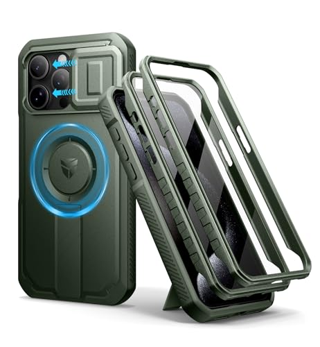 Dexnor for iPhone 15 Pro Max Case with Slide Camera Cover & Adjustable Kickstand & Built-in Screen Protector Magnetic Rugged Shockproof Bumper Cases Heavy-duty Magnetic Protective Cover Army Green