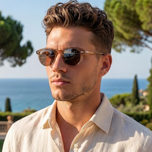 Image of CARFIA Acetate Polarized Sunglasses for Men Retro Classic Round Shades