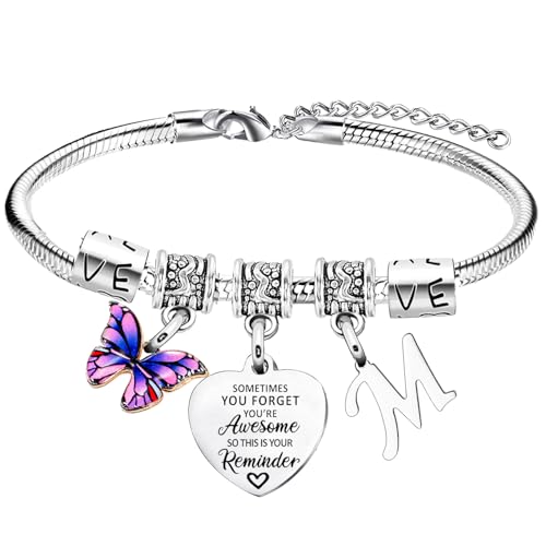 Inspirational Bracelet with Initial You Are Awesome Butterfly Charm A-Z Letter for Friends - Gifts for Sister Daughter Granddaughter 26 Letters Alphabet (Letter M)