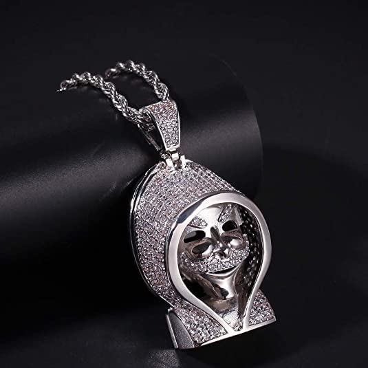 Hip Hop Iced out Grim Reaper Retro Punk Pendent 18 carati in Oro Bianco Placcato Oro Collana for Uomo Donna (Color : with Rope Chain)