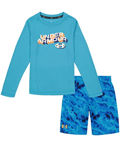 Under Armour Boys' 2-Piece Rashguard Swim Set, Short Sleeve Surf Shirt and Volley Trunks, UPF 50+ Sun Protection, Glacier Blue Ridge, 4