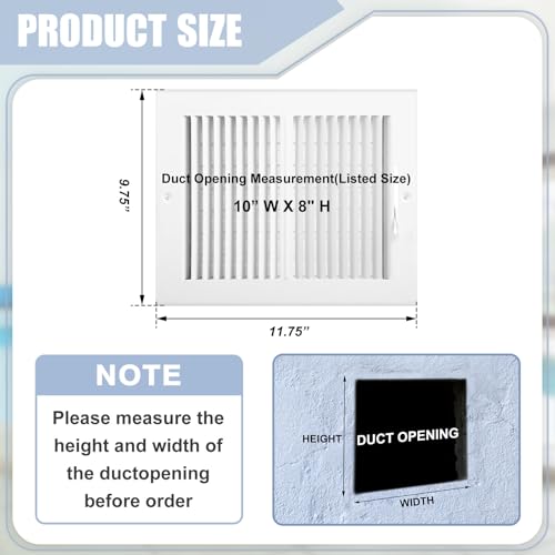 4 Pack Air Ceiling Vent Cover Grille 10"w x 8"h Duct Opening Size, 2 Way Steel Grille Register with Adjustable Damper for Ceiling Wall HVAC Heat Cold Air Conditioner (White, Outer 11.75" W x 9.75" H) by Tandefio - Used condition - Image 2
