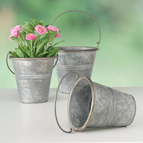 Whw Whole House Worlds Farmhouse Metal Planter Or Flower Pots, 3 Piece Set, Galvanized Zinc, Bucket With Handle, Country Style, 6 Inches Nesting, Corrugated Details #TOP7