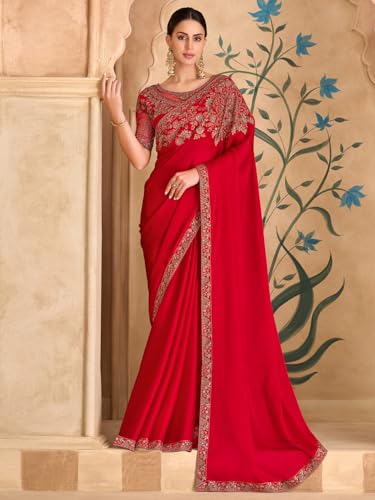 Image of AKHILAM Women's Satin Sequence Embroidery Saree With Unstitched Blouse Piece(SNDLWOD1601 TFH Parent)