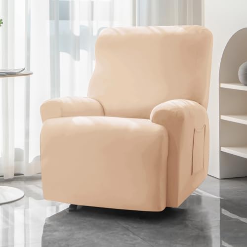 Image of HOKIPO 'SereneSolids' 140 GSM 4-Pieces Super Stretch Recliner Chair Cover 1 Seater Fully Covered Washable Furniture Protector, Beige (NEW-4740-BGE)