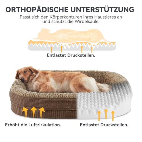 Pawk Orthopädisches Hundebett Grosse Hunde, 122x89cm, Vierseitiges Nackenrolle Hundebett Orthopädisch, Memory Foam hundebetten XXLWasserdicht rutschfest, Hundecouch mit Hohem Rand Outdoor, Brun
