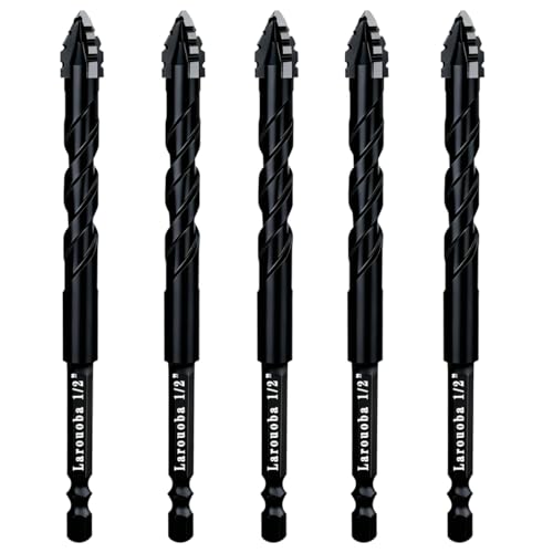 Larouoba 5pc Black 1/2” Serrated Eccentric Masonry Drill Bit, 12mm Serrated Concrete Drill Bit Set for Ceramic Tile Brick Glass Plastic Marble and Wood