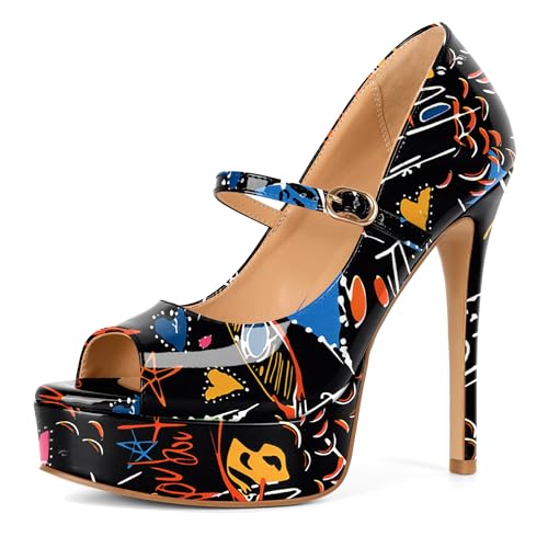 Image of SAMMITOP Women's Peep Toe High Heels Platform Stiletto Pumps Patent Mary Jane Heels 5.5 inch Party Wedding Dress Shoes