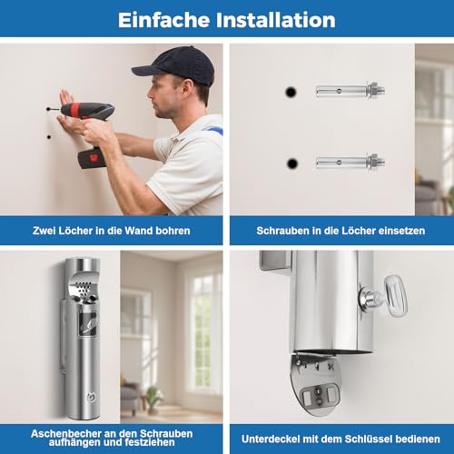 Mülleimer Wandmontage aus Edelstahl, Vertikaler Tubular öffentliche Küchenabfalleimer, Wandmontierte Abfallbehälter mit Schloss für Draußen Restaurants Hotel Terrasse Büros