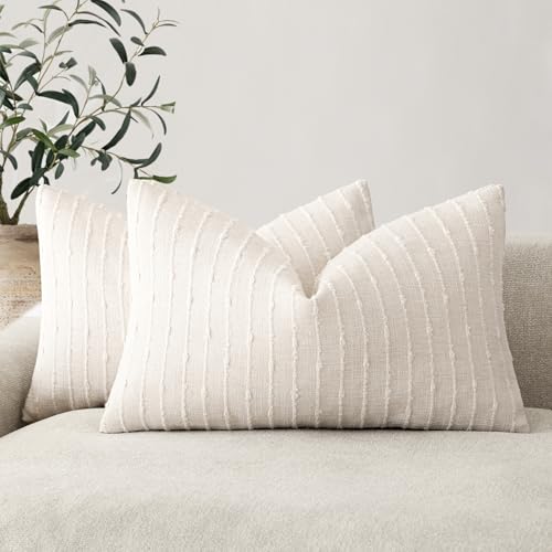 Image of Foindtower Pack of 2 Decorative Jacquard Boucle Lumbar Throw Pillow Covers Accent Textured Striped Pillowcases Cozy Boho Cushion for Couch Sofa Bedroom Living Room Home Decor 12x20 Inch Cream White