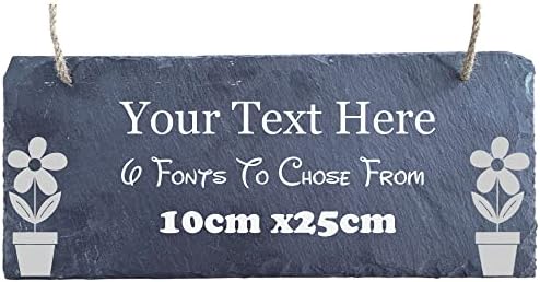 CAO Personalised Allotment Slate House Sign  Laser Engraved Door Sign  Hanging Garden Sign Plaque  Weather Proof Greenhouse Shed Name Plaque  Rustic Outdoor Name Sign (Flower - Gardening)
