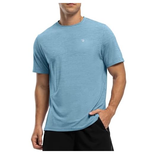 Rdruko Men's Dry Fit Workout Shirts Moisture Wicking Short Sleeve Lightweight UPF 50+ Athletic Running Gym Active Shirts,Lake Blue,L