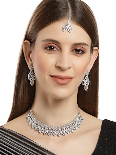 Karatcart Silver Tone Leaf Shape American Diamond Studded Necklace Set for Women - Image 2