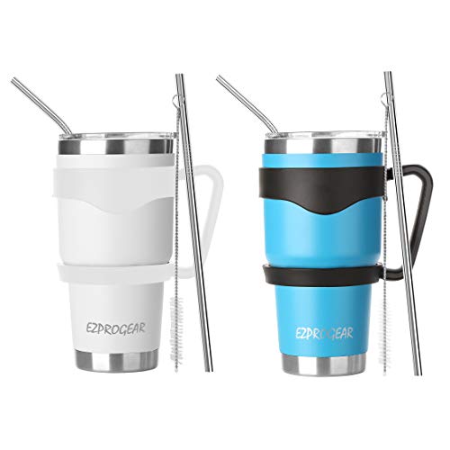 Ezprogear 30 oz 2 Pack Stainless Steel Water Tumbler Double Wall Vacuum Insulated with Straws and Handle 30 oz 2 Pack SkyBlueWhite