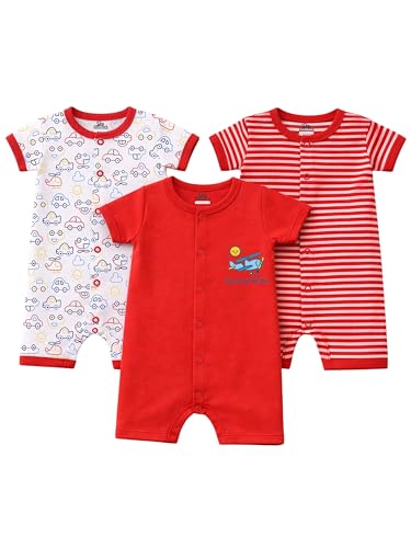 Image of Kidbee Infant Cotton Romper Set Pack of 3, Half Sleeve Front Open Bodysuit Jumpsuit for Baby Boys & Girls, 0-9 Months