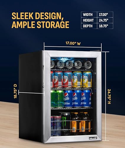 Image of NewAir 90 Can Beverage Refrigerator | 17 inch Freestanding Small Mini Fridge for Bedroom, Home Bar or Office | Quiet Compressor Cooling & Adjustable Shelves | Stainless Steel