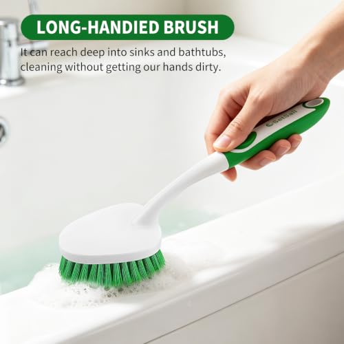 Image of Scrub Brush Set of 4 Pack, Heavy Duty Shower Cleaning Brush Set, Green | with Non-Slip Handle Scrubber Brush Ergonomic Design Cleaning Scrub Brush Set for Household Use, Shower, Floor, Tub, Kitchen