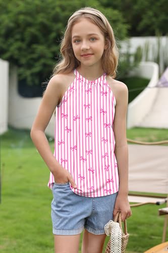 Image of BesserBay Girls Summer Back Button Halter Neck Tank Top Cold Shoulder Casual Blouse Pleated Sleeveless Shirts 5-14 Years