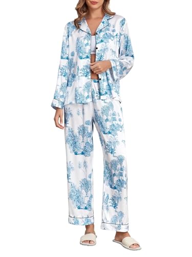 Image of Brosloth Women's Silk Satin Pajamas Pjs Sets Cute Lace Pattern Two Piece Loungewear Set Button Up Pajamas Sleepwear Black