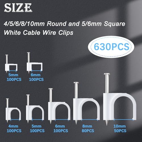 mxuteuk 630PCS Cable Clips with Steel Nails,4/5/6/8/10mm Round and 5/6mm Square White Cable Wire Clips,Wall Clips for Cords,Cable Cord Clips for RG6 RG59 CAT6 RJ45
