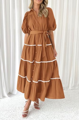 PRETTYGARDEN Women's Summer Button Down Shirt Dress Short Puffy Sleeve Tiered Ruffle Flowy Long Maxi Dresses (Brown,Small) — view 3