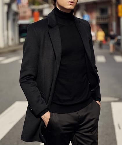 SOMTHRON Men's Mid Long Trench Coat Single Breasted Notched Collar Slim Fit Peacoat Winter Jacket Overcoat3