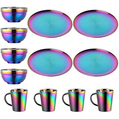 Buyer Star Plate and Bowl Sets With Cups, Stainless Steel Dishes Bowls Mugs Kitchen Dinnerware Set Service for 4 (Rainbow, 11.8 inch plate/5.1 inch bowl/cups) Cover
