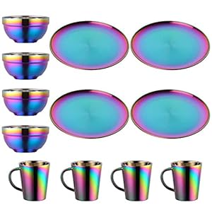 Dinnerware Sets Plates And Bowls Espresso Cups, Stainless Steel Dishes Pasta Bowls Insulated Coffee Mugs Set of 4, 12 Pcs Kitchen Essentials For Home Apartment Wedding Buyer Star, Rainbow