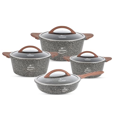 Image of LIFE SMILE Cookware Set - Non Stick Pots and pan set Induction Base, Granite Coating 100% PFOA FREE, Die Cast aluminum Body Kitchen Set (Gold, 8 Pieces)