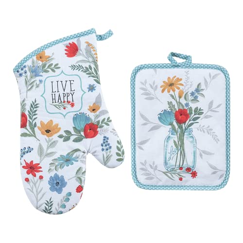 18Th Street Gifts Farmhouse Kitchen Decor Oven Mitt And Pot Holder Set - Gingham And Floral Country Kitchen Decor - Teal Kitchen Accessories And Decor - Vintage Home Decor #TOP12