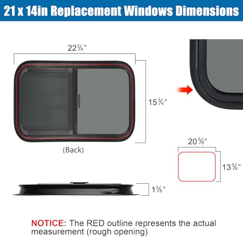OUTPRIZE Horizontal RV Window, 21" W x 14" H Tinted Sliding RV Window with Net Screen and Trim Ring, Fit 1 1/4" to 1 4/5" Thickness Wall, DOT Approved - Image 3